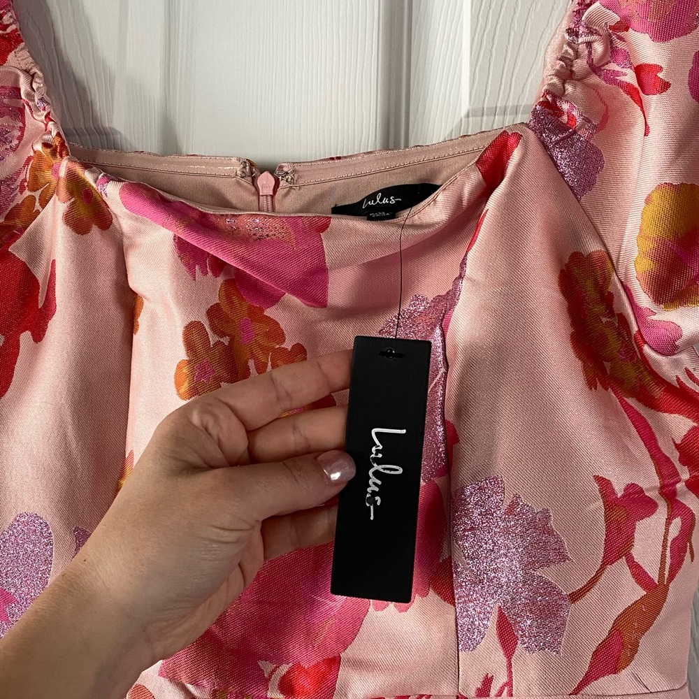 NWT Lulus So Stunning Orange Multi Floral Jacquard Puff Sleeve Mini Dress - Picture 6 of 7